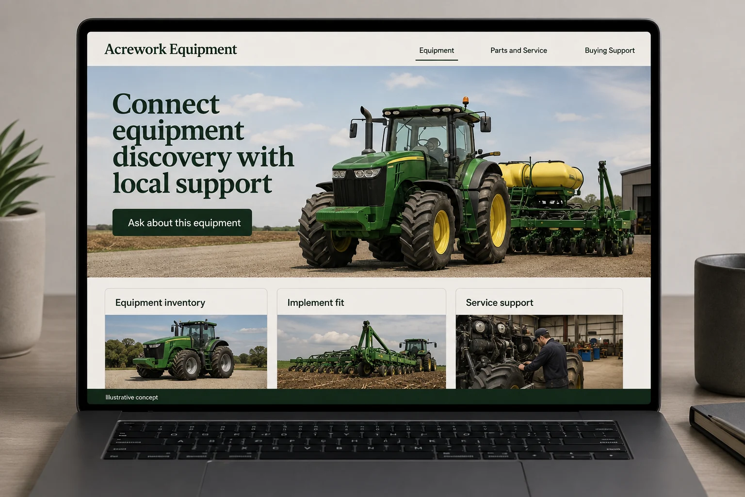 Agricultural Equipment Dealers website concept for Acrework Equipment: Connect equipment discovery with local support