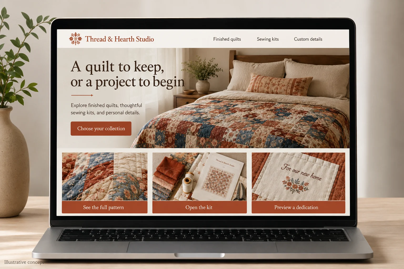 Alabama website concept for Thread & Hearth Studio: A quilt to keep, or a project to begin
