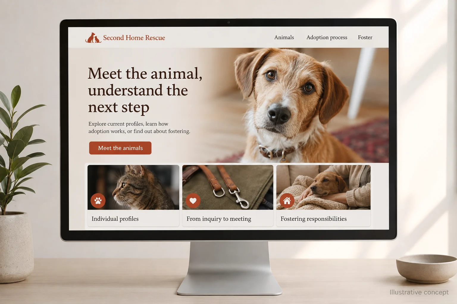 Animal Rescues website concept for Second Home Rescue: Meet the animal, understand the next step