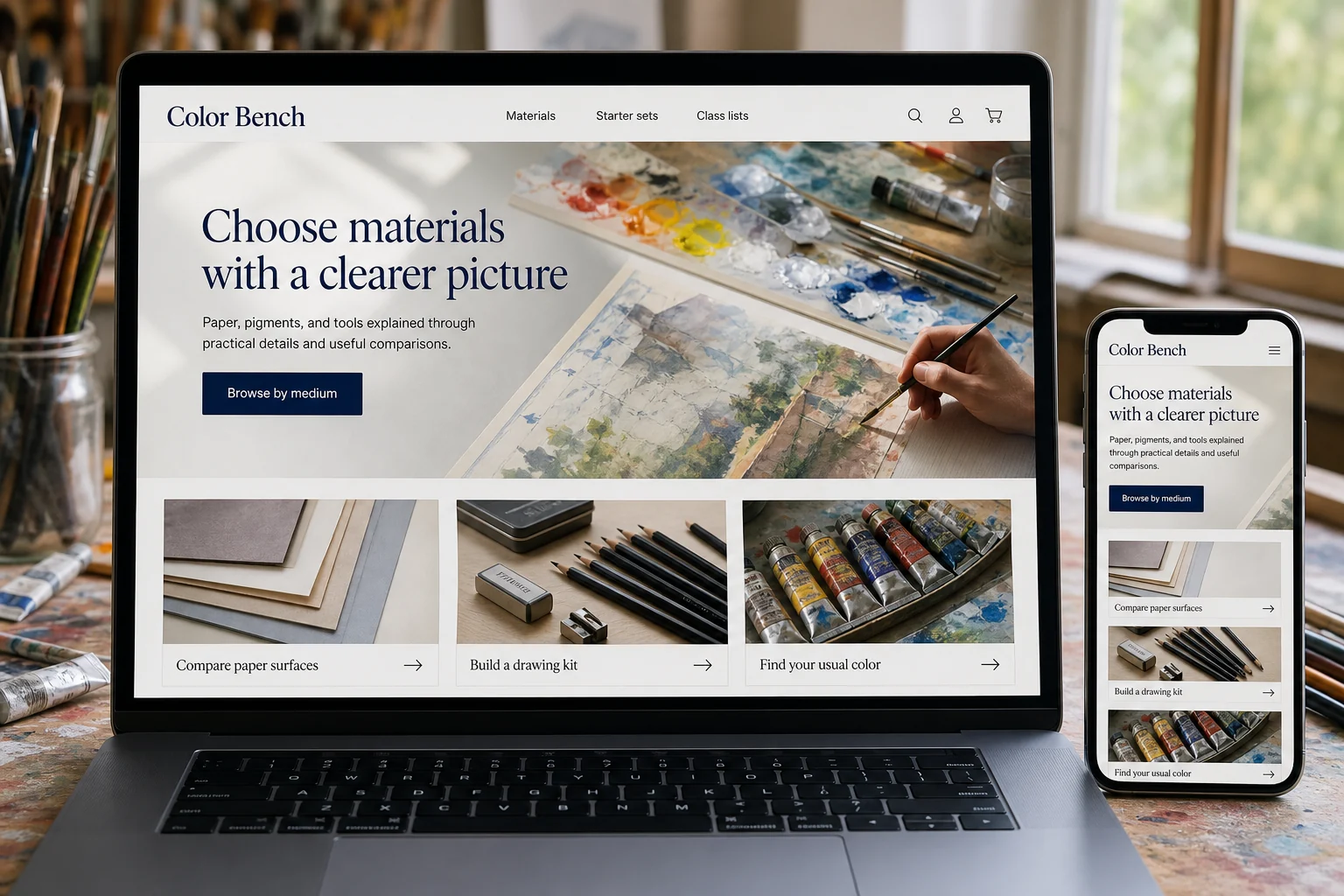 Art Supply Stores website concept for Color Bench: Choose materials with a clearer picture