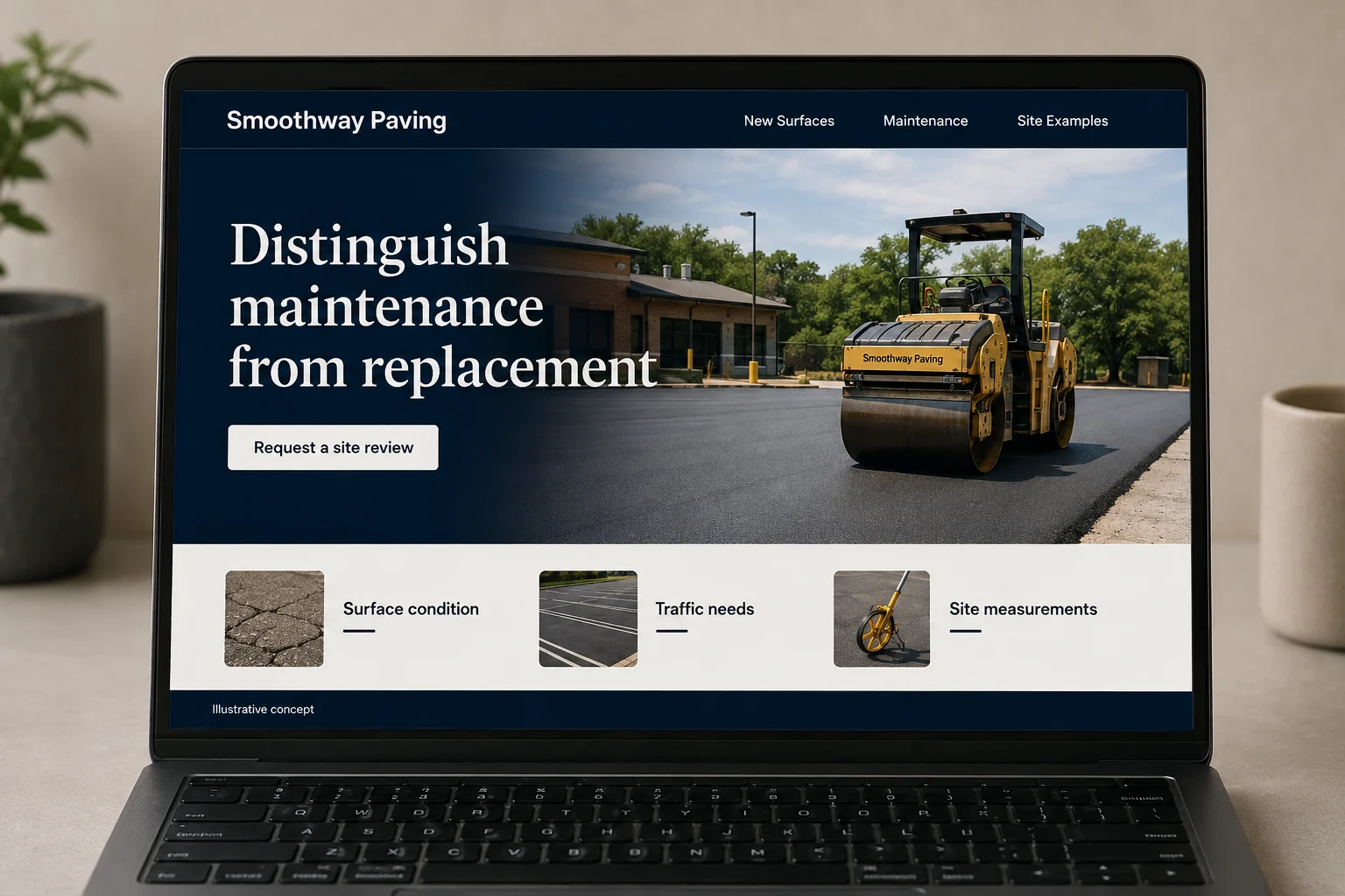 Asphalt Paving website concept for Smoothway Paving: Distinguish maintenance from replacement
