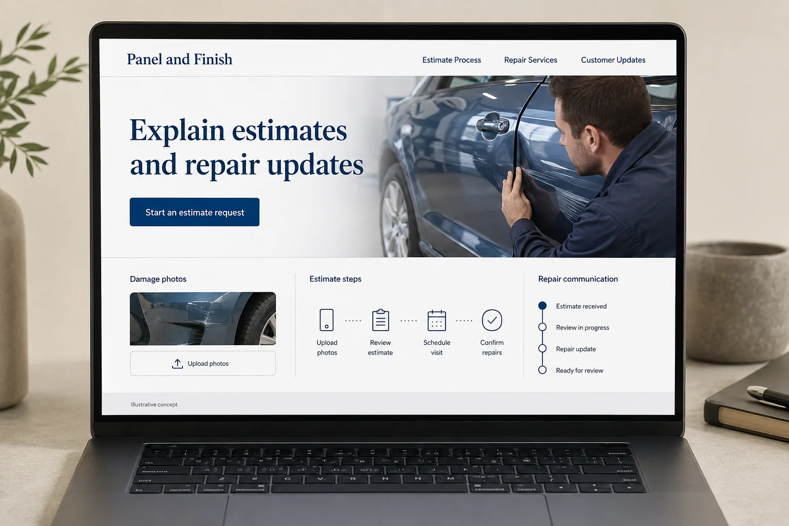 Auto Body Shops website concept for Panel and Finish: Explain estimates and repair updates