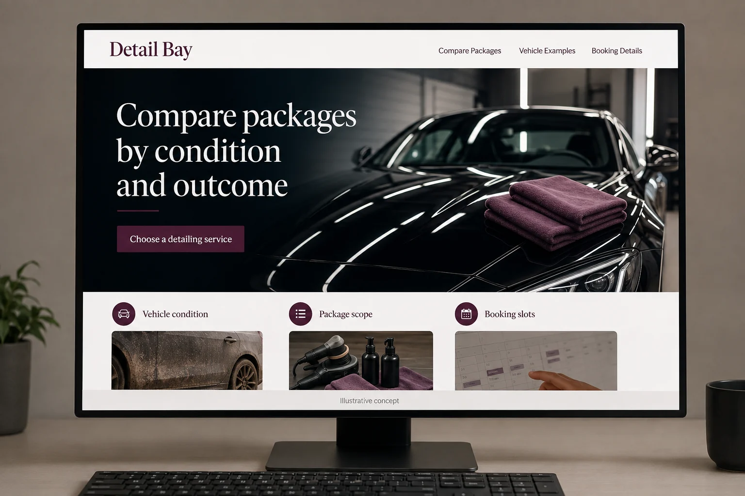 Auto Detailing website concept for Detail Bay: Compare packages by condition and outcome