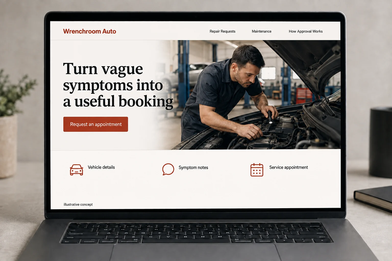 Auto Repair website concept for Wrenchroom Auto: Turn vague symptoms into a useful booking