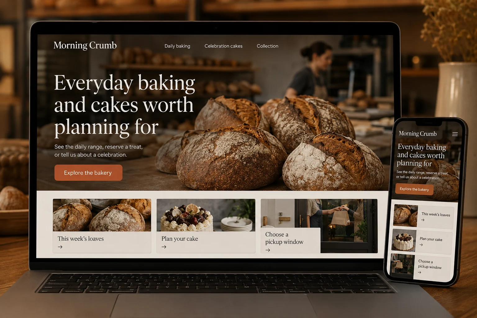 Bakeries website concept for Morning Crumb: Everyday baking and cakes worth planning for