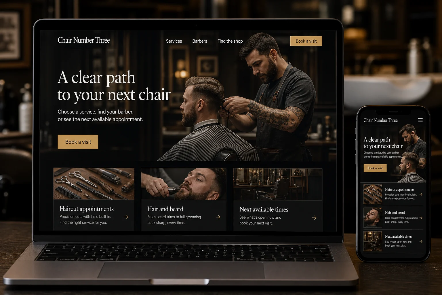 Barbershops website concept for Chair Number Three: A clear path to your next chair