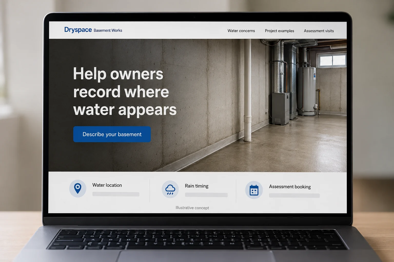 Basement Waterproofing website concept for Dryspace Basement Works: Help owners record where water appears
