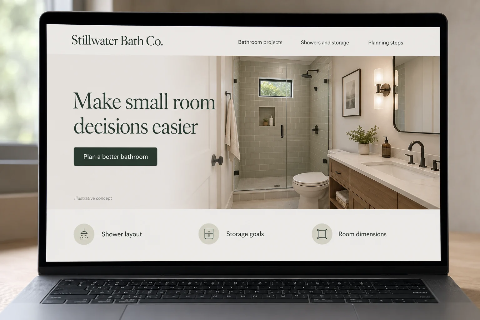Bathroom Remodeling website concept for Stillwater Bath Co.: Make small room decisions easier