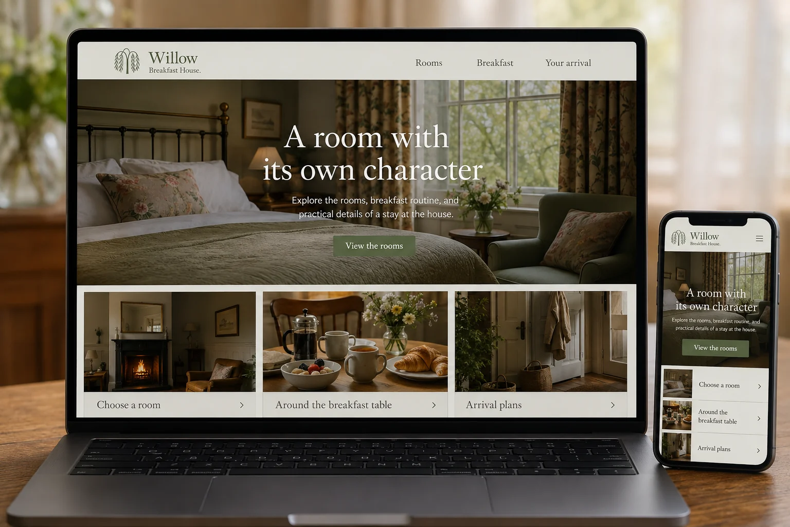 Bed and Breakfasts website concept for Willow Breakfast House: A room with its own character