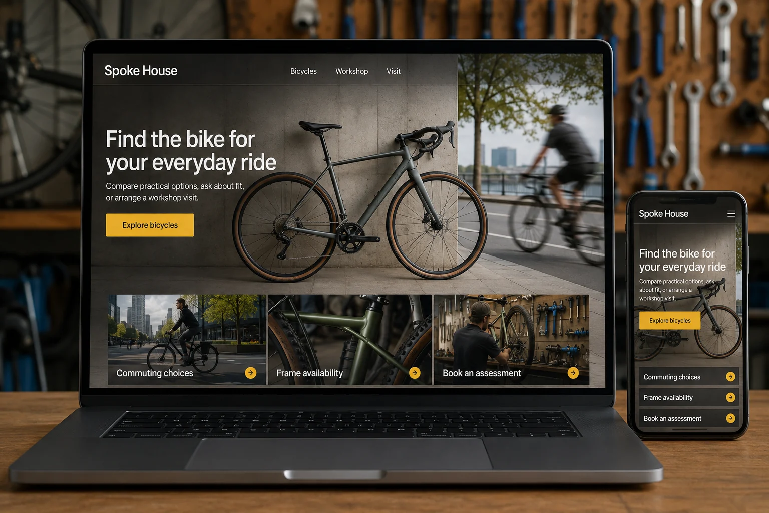 Bicycle Shops website concept for Spoke House: Find the bike for your everyday ride