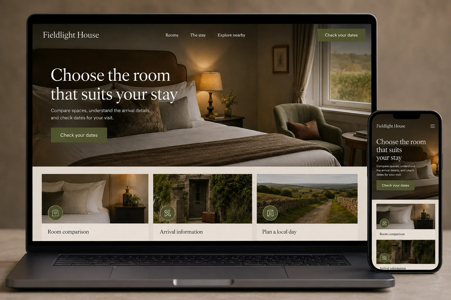 Boutique Hotels website concept for Fieldlight House: Choose the room that suits your stay