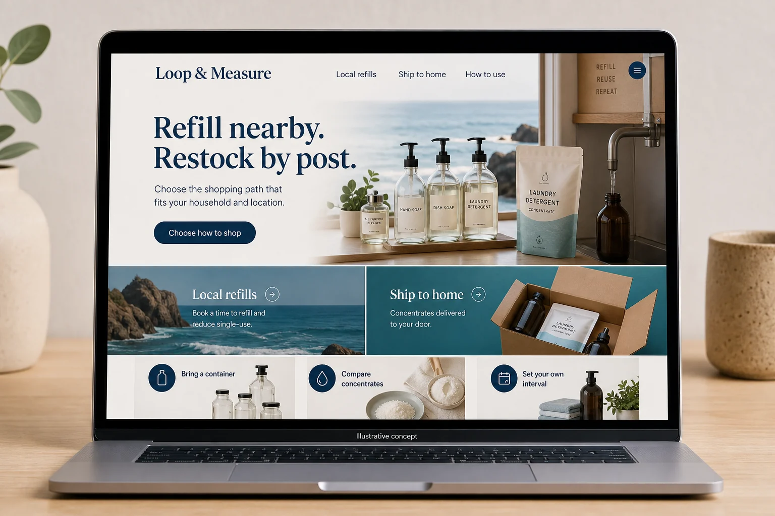 California website concept for Loop & Measure: Refill nearby. Restock by post.