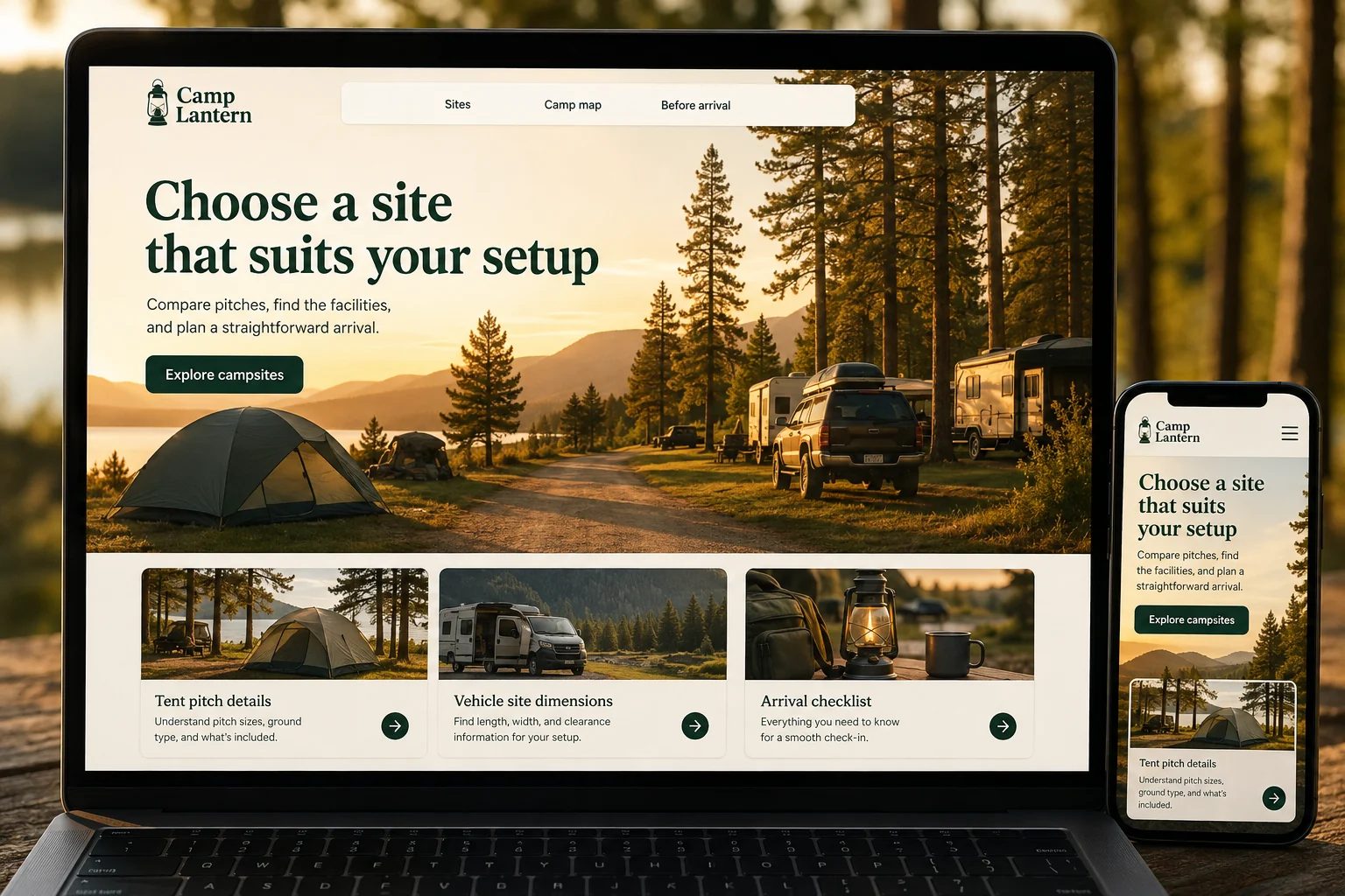 Campgrounds website concept for Camp Lantern: Choose a site that suits your setup