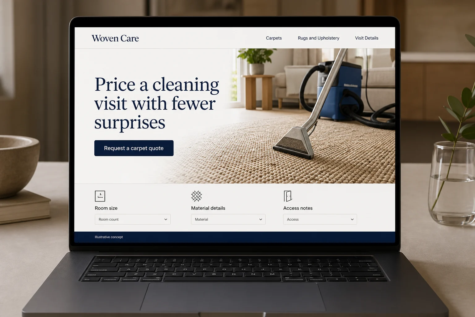 Carpet Cleaning website concept for Woven Care: Price a cleaning visit with fewer surprises