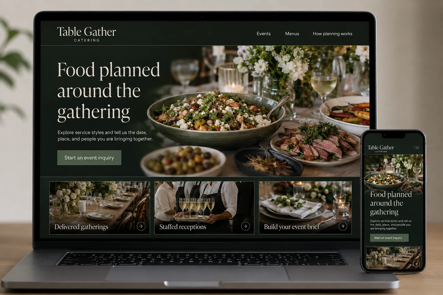Caterers website concept for Table Gather Catering: Food planned around the gathering