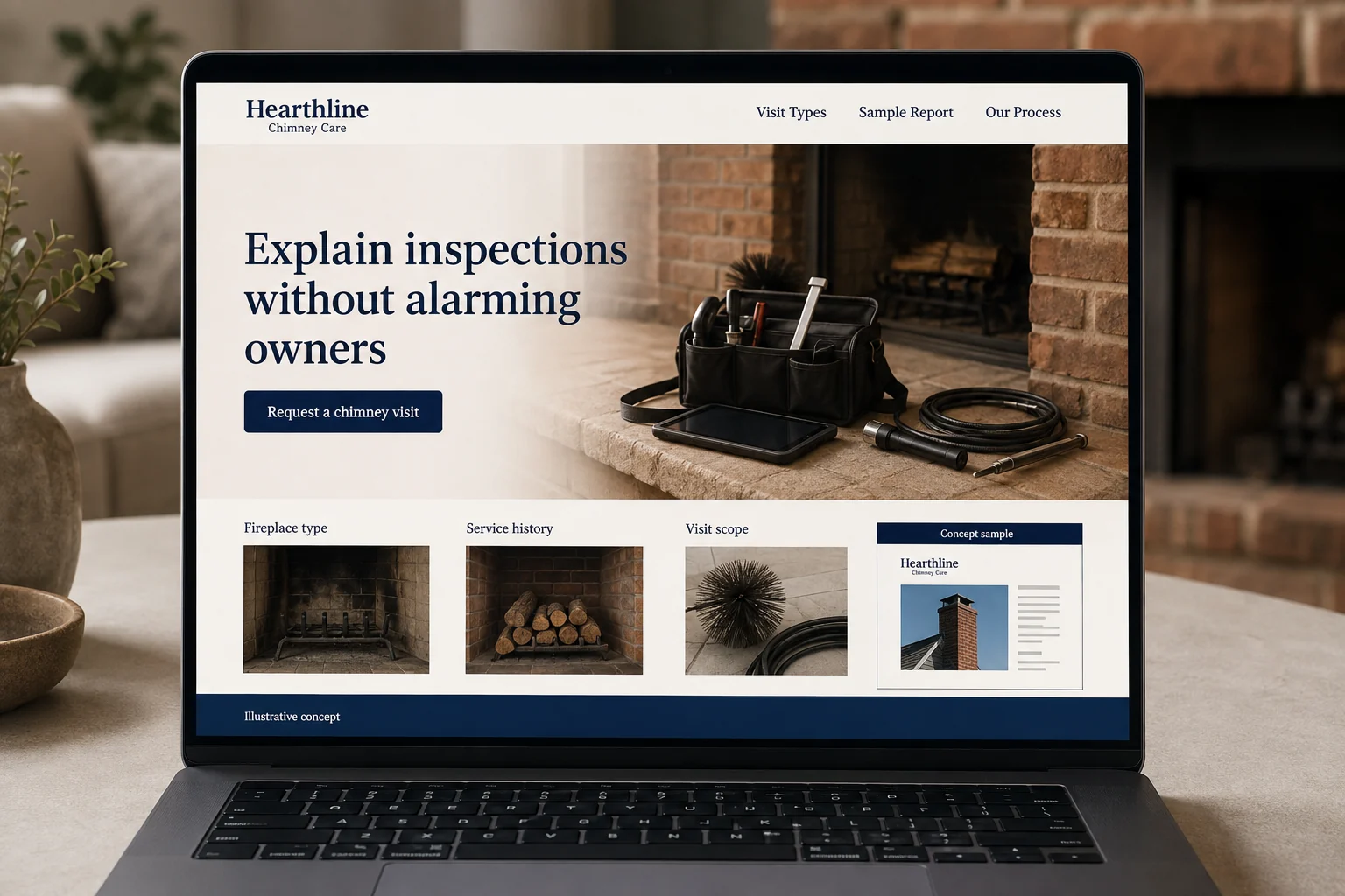 Chimney Services website concept for Hearthline Chimney Care: Explain inspections without alarming owners
