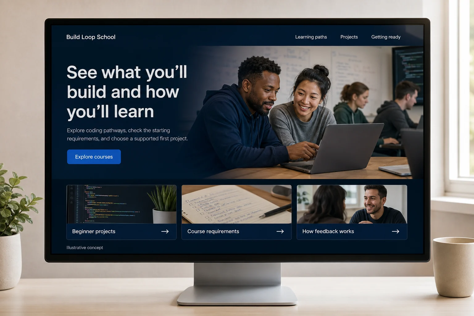 Coding Schools website concept for Build Loop School: See what you'll build and how you'll learn
