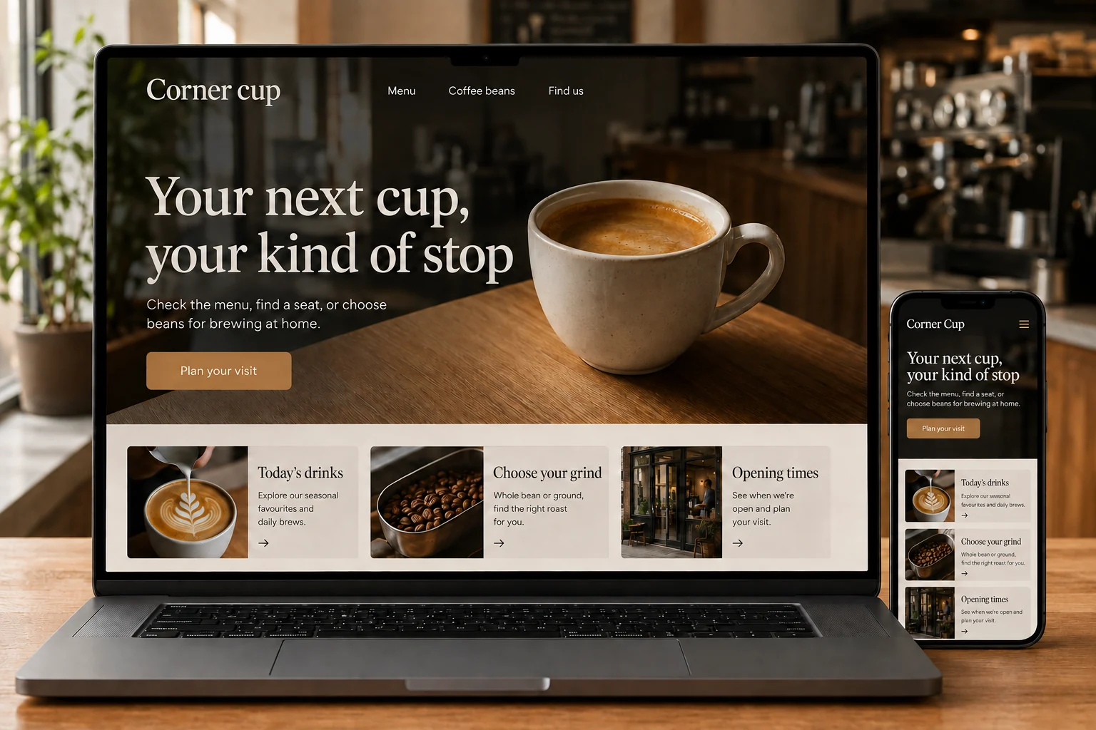 Coffee Shops website concept for Corner Cup: Your next cup, your kind of stop