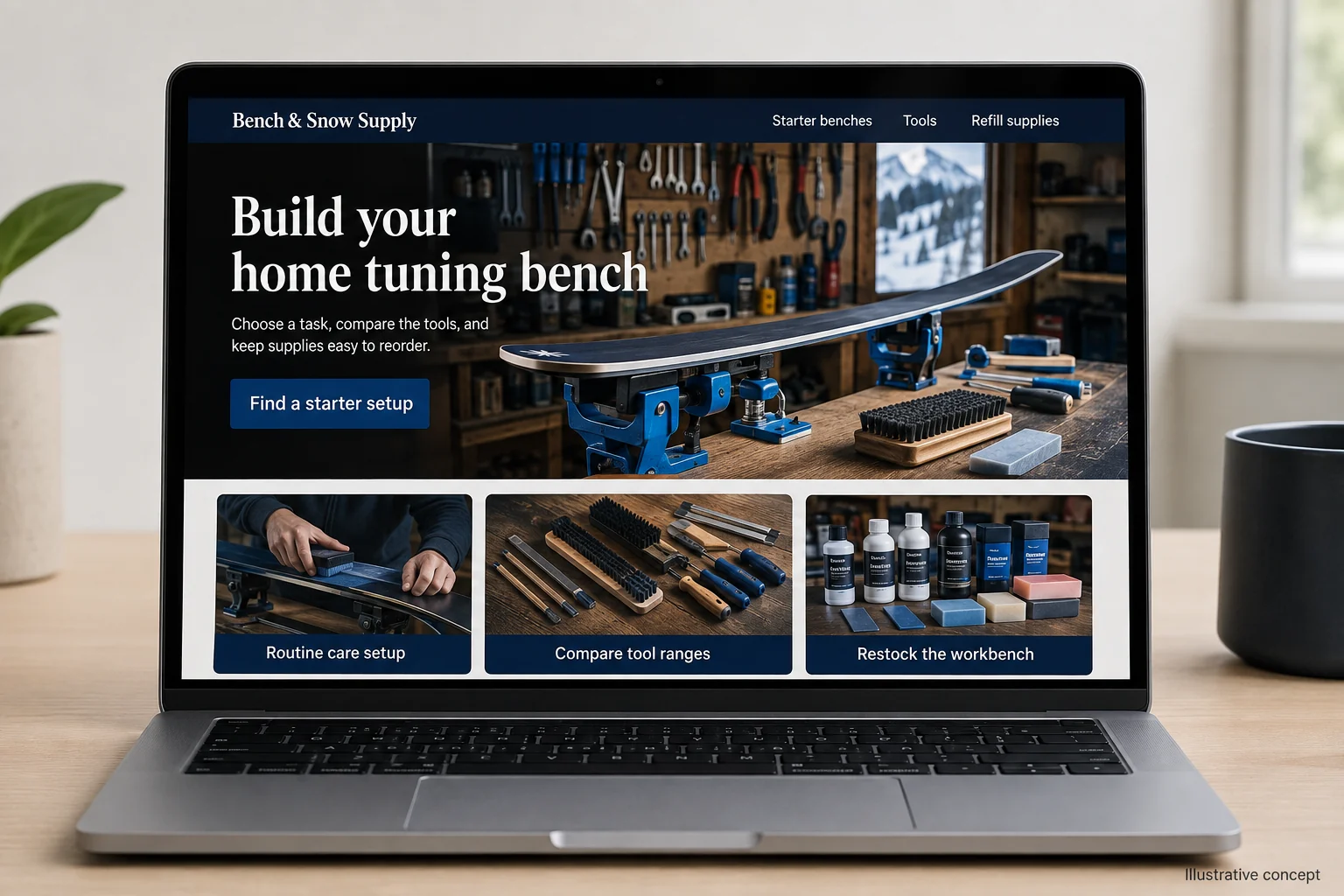 Colorado website concept for Bench & Snow Supply: Build your home tuning bench