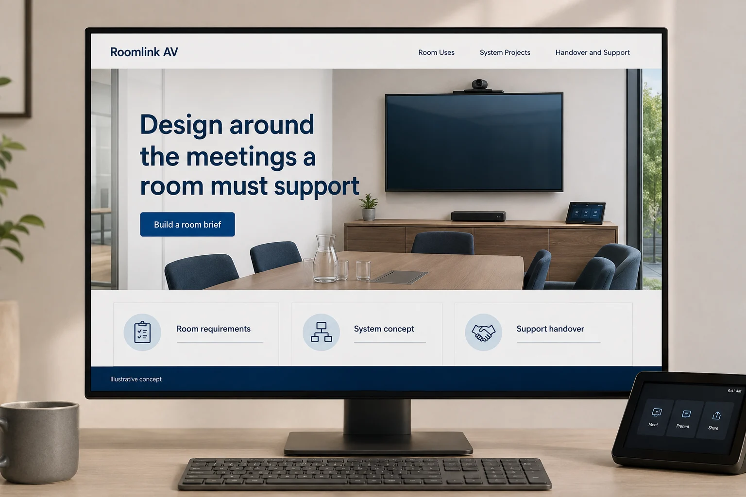 Commercial AV Integrators website concept for Roomlink AV: Design around the meetings a room must support