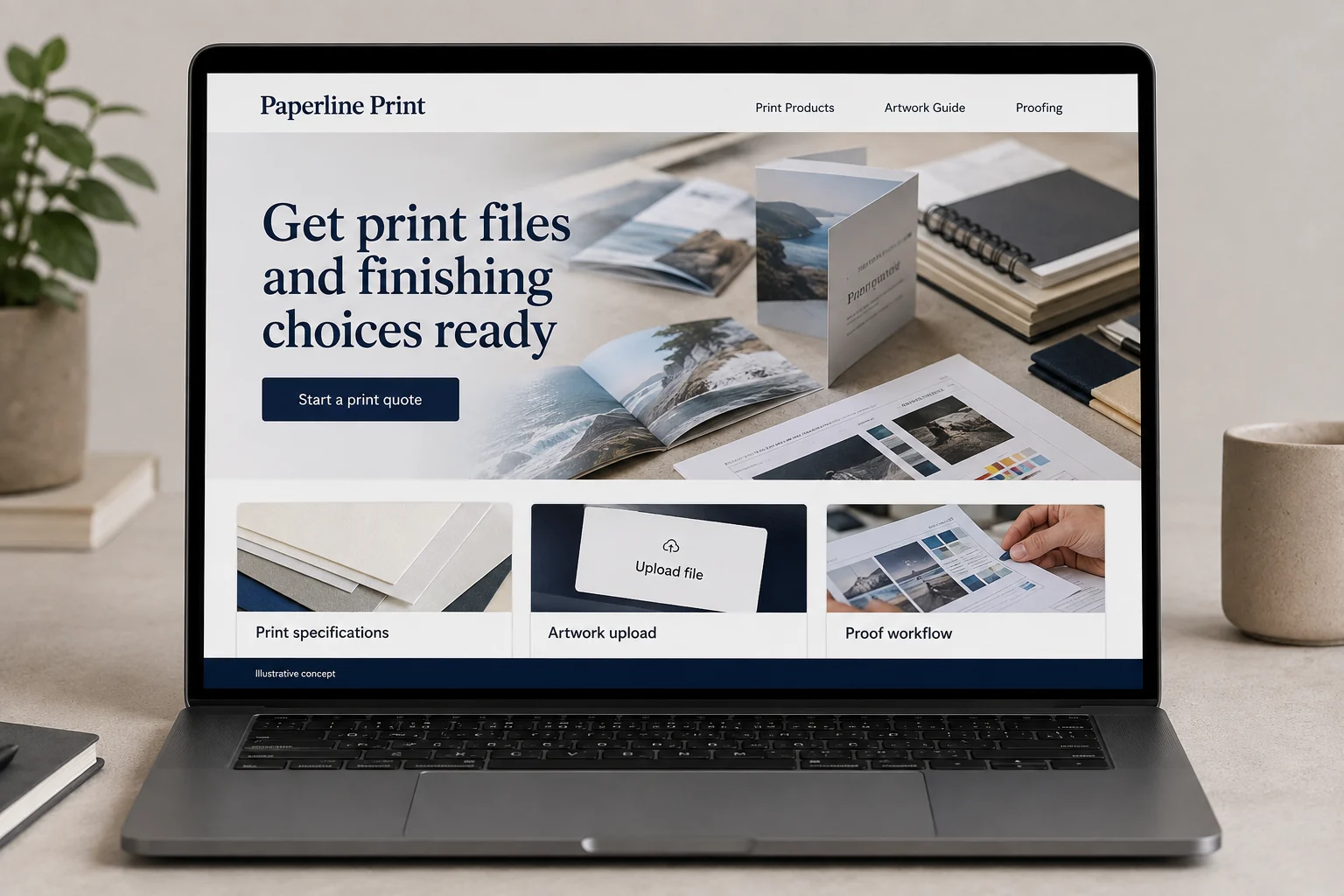 Commercial Printing website concept for Paperline Print: Get print files and finishing choices ready