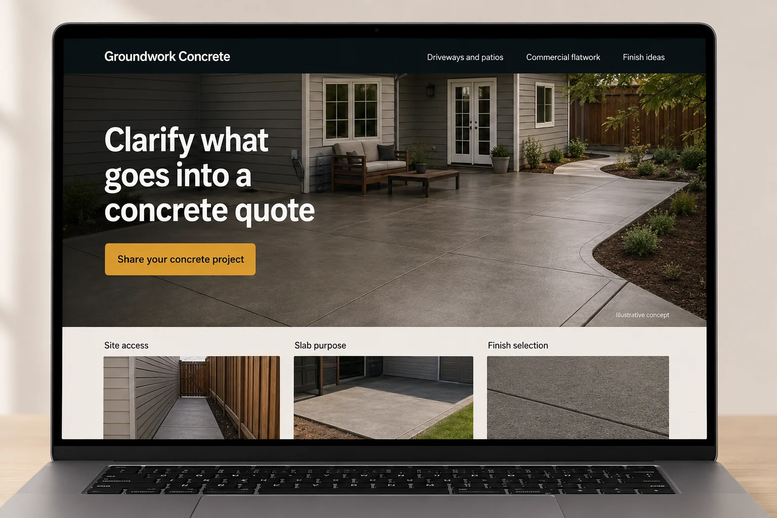Concrete Contractors website concept for Groundwork Concrete: Clarify what goes into a concrete quote
