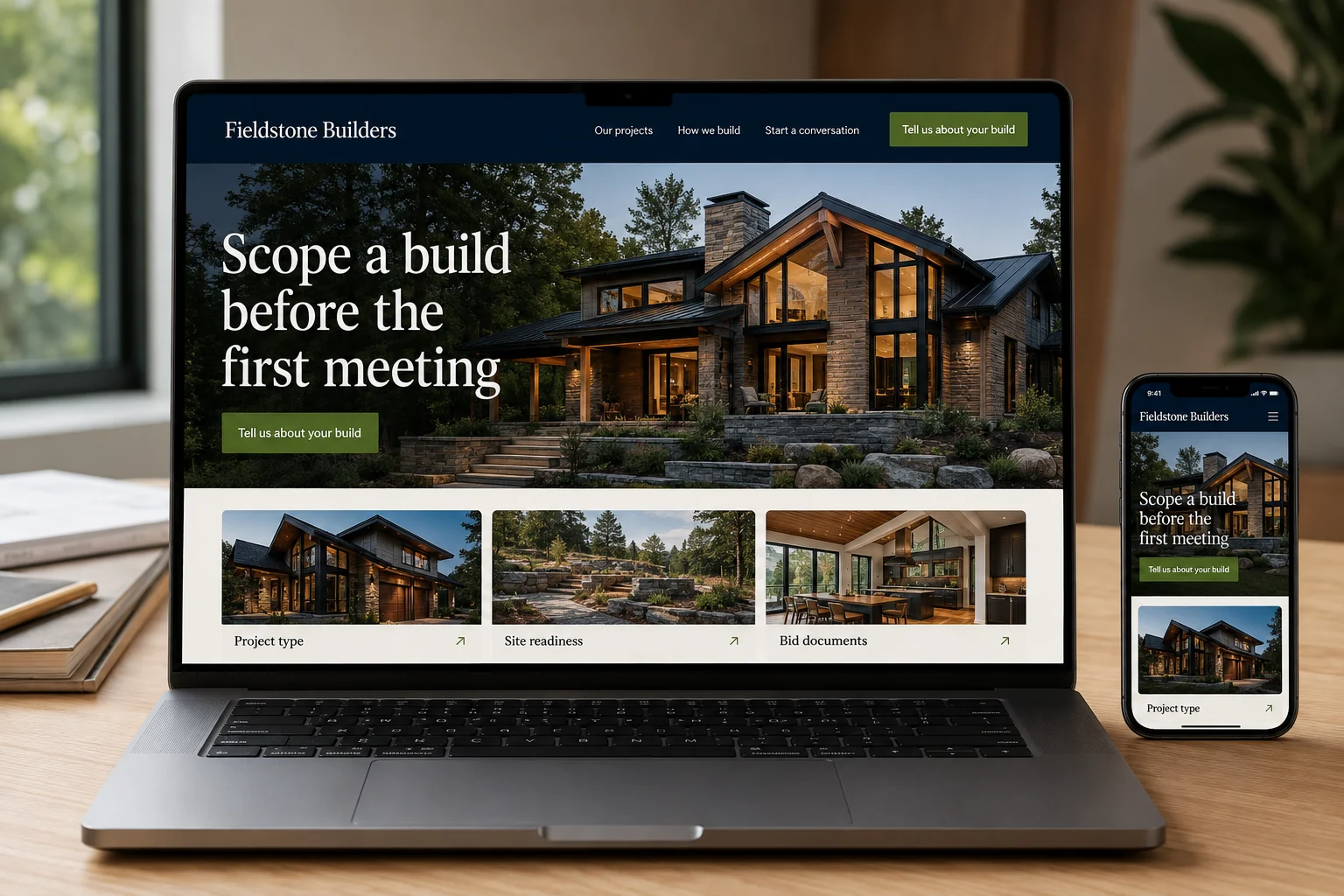 Construction website concept for Fieldstone Builders: Scope a build before the first meeting