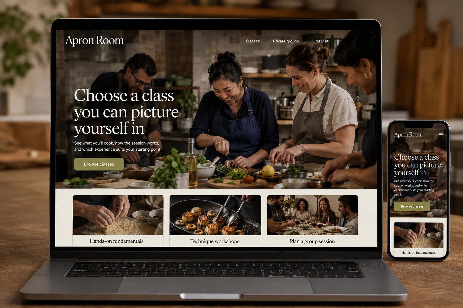 Cooking Schools website concept for Apron Room: Choose a class you can picture yourself in