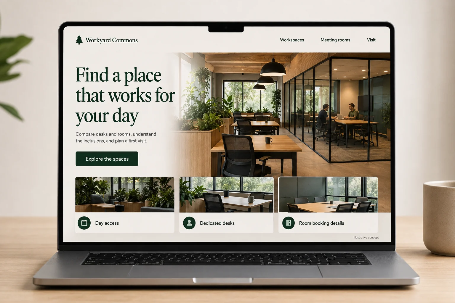 Coworking Spaces website concept for Workyard Commons: Find a place that works for your day