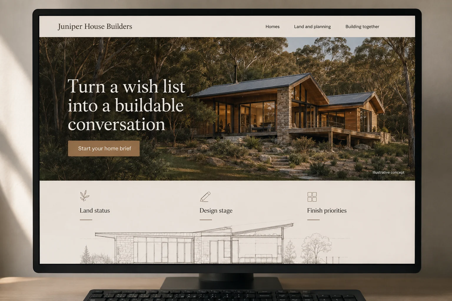 Custom Home Builders website concept for Juniper House Builders: Turn a wish list into a buildable conversation