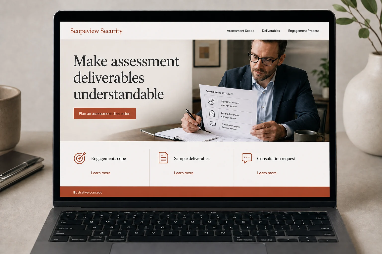 Cybersecurity Consulting website concept for Scopeview Security: Make assessment deliverables understandable
