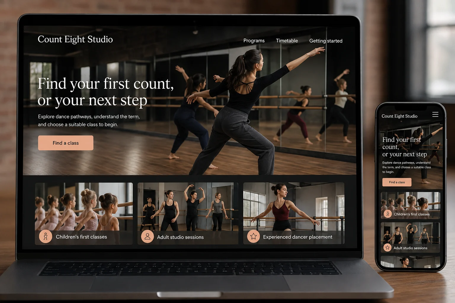 Dance Studios website concept for Count Eight Studio: Find your first count, or your next step