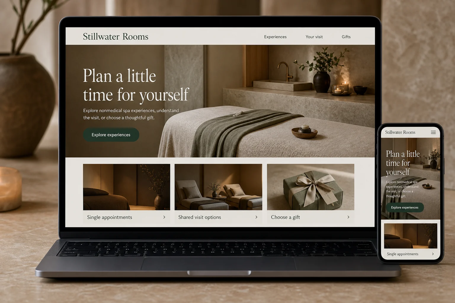 Day Spas website concept for Stillwater Rooms: Plan a little time for yourself