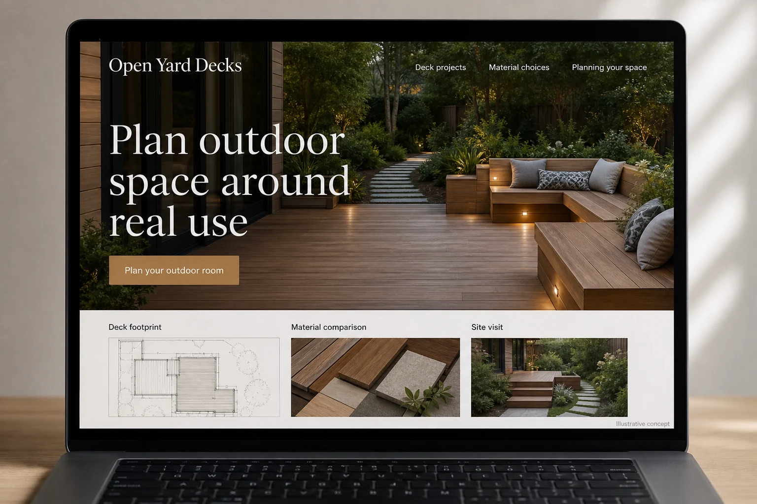 Deck Builders website concept for Open Yard Decks: Plan outdoor space around real use