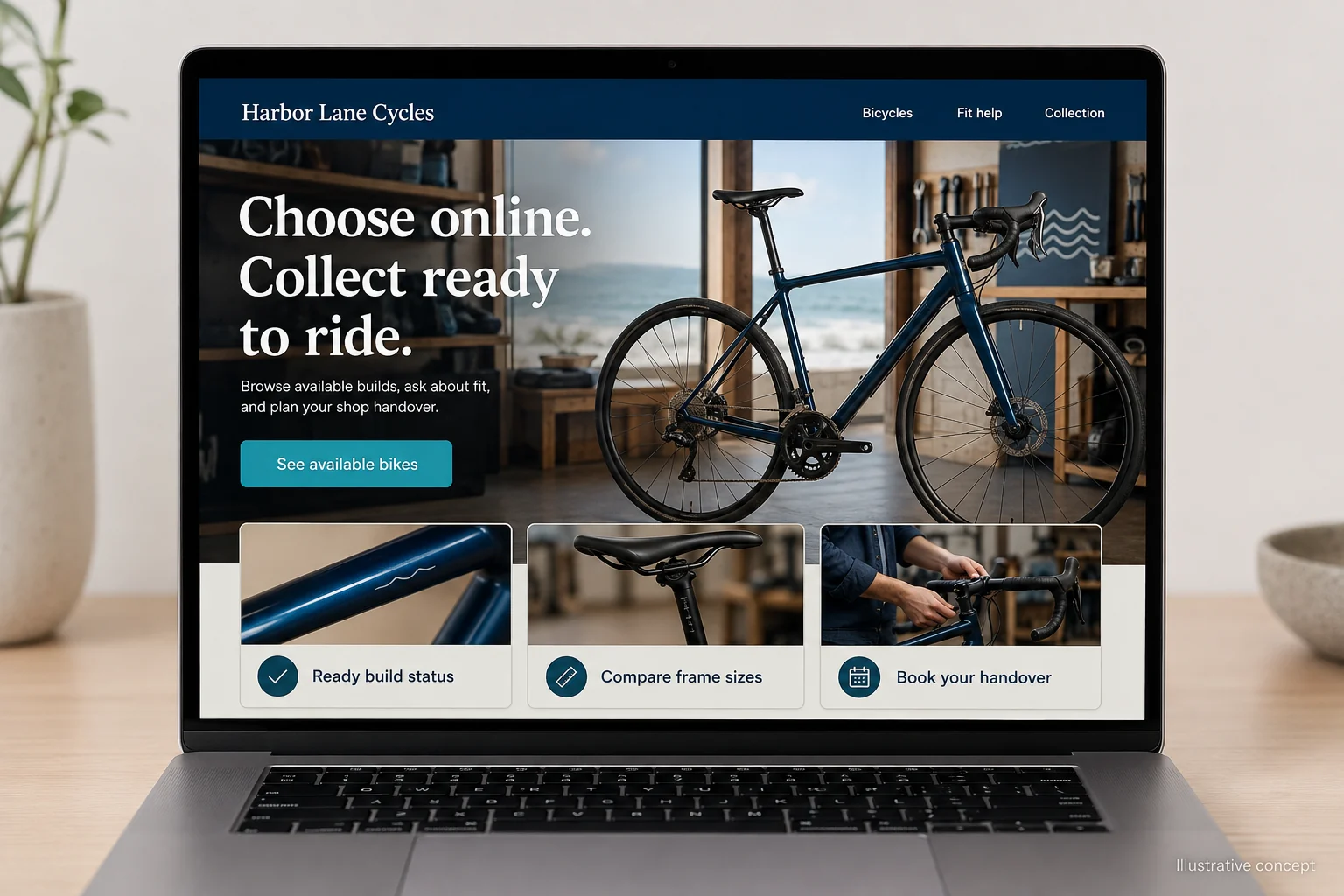 Delaware website concept for Harbor Lane Cycles: Choose online. Collect ready to ride.