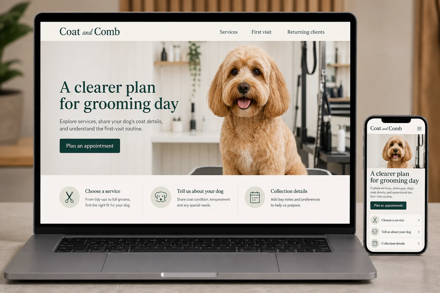 Dog Groomers website concept for Coat and Comb: A clearer plan for grooming day
