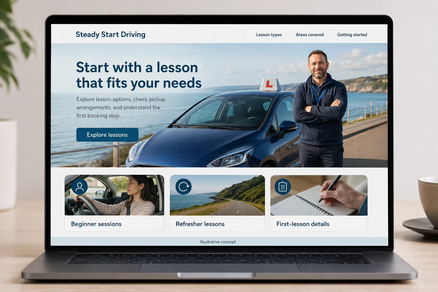 Driving Schools website concept for Steady Start Driving: Start with a lesson that fits your needs