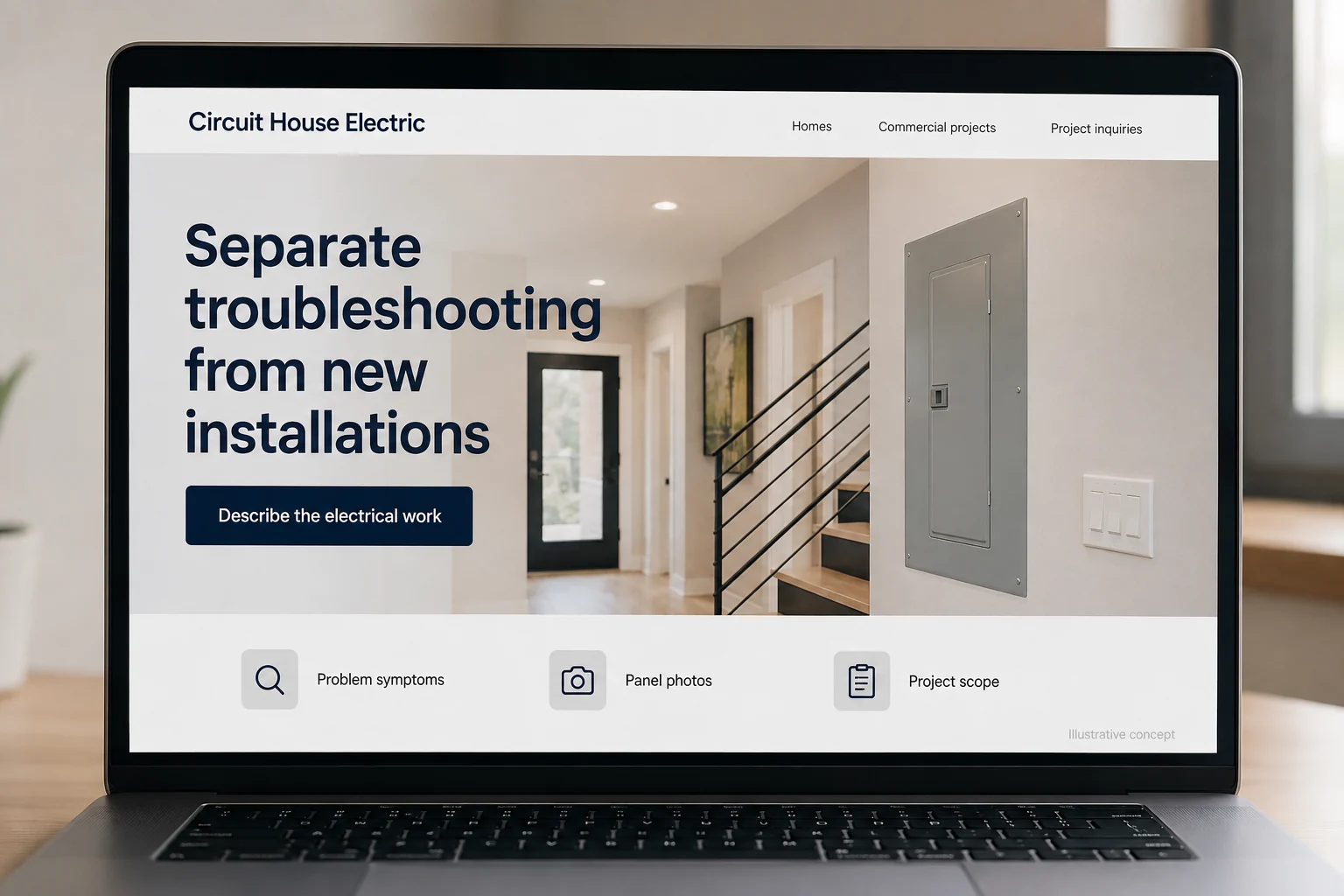 Electrical Contractors website concept for Circuit House Electric: Separate troubleshooting from new installations