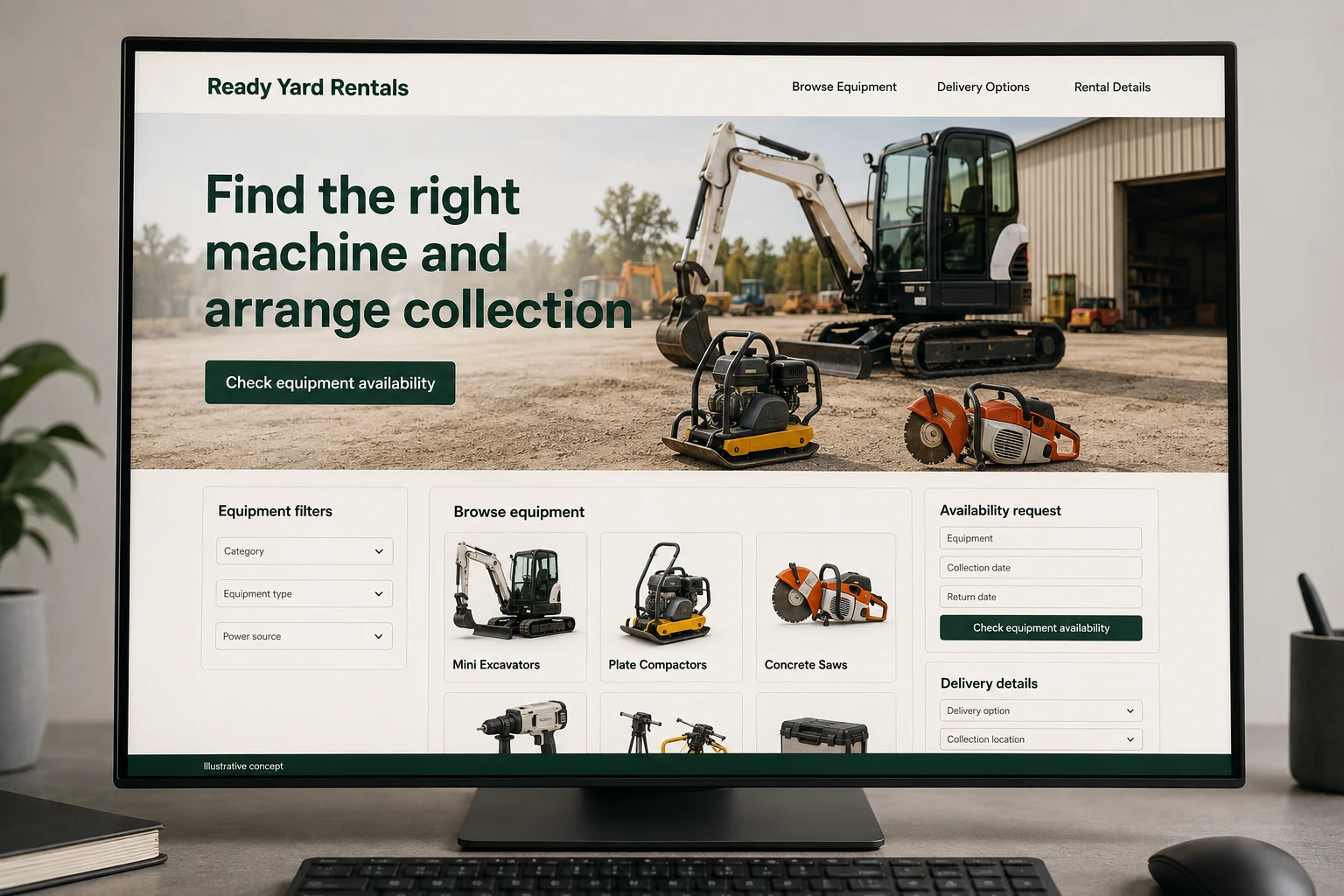 Equipment Rental website concept for Ready Yard Rentals: Find the right machine and arrange collection