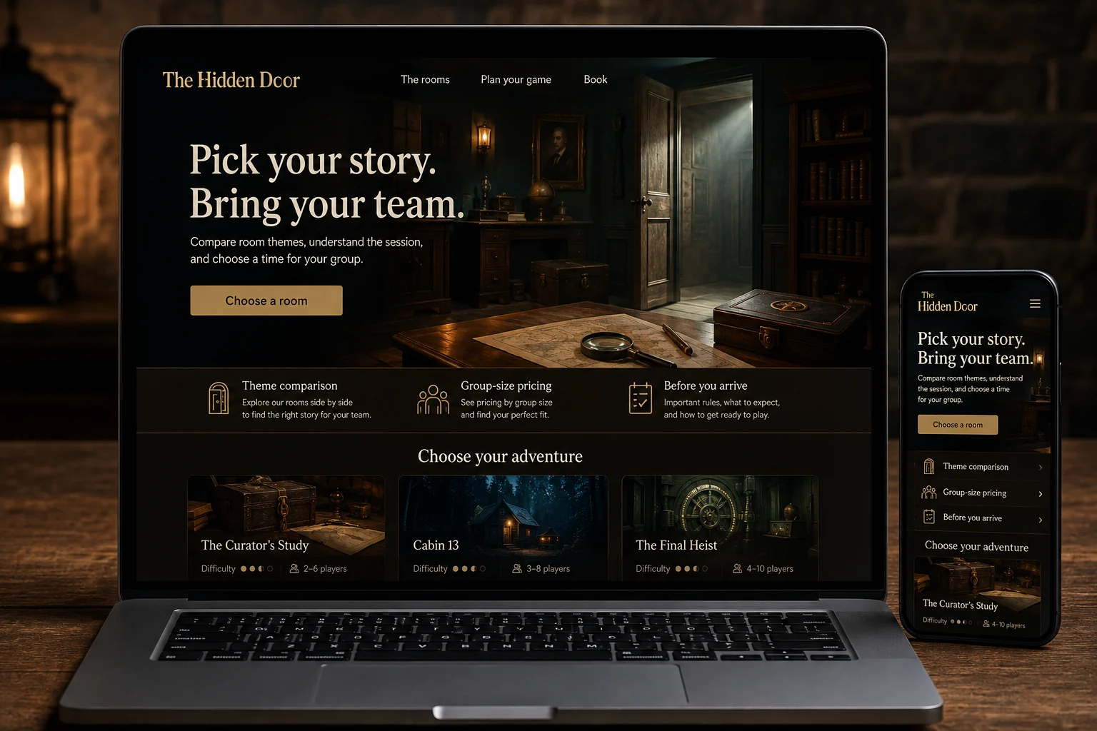 Escape Rooms website concept for The Hidden Door: Pick your story. Bring your team.