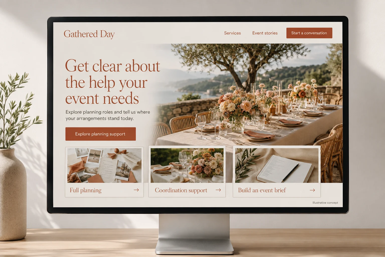 Event Planners website concept for Gathered Day: Get clear about the help your event needs