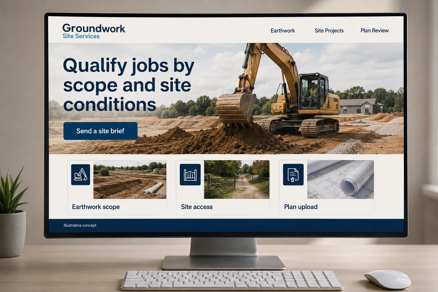 Excavation website concept for Groundwork Site Services: Qualify jobs by scope and site conditions