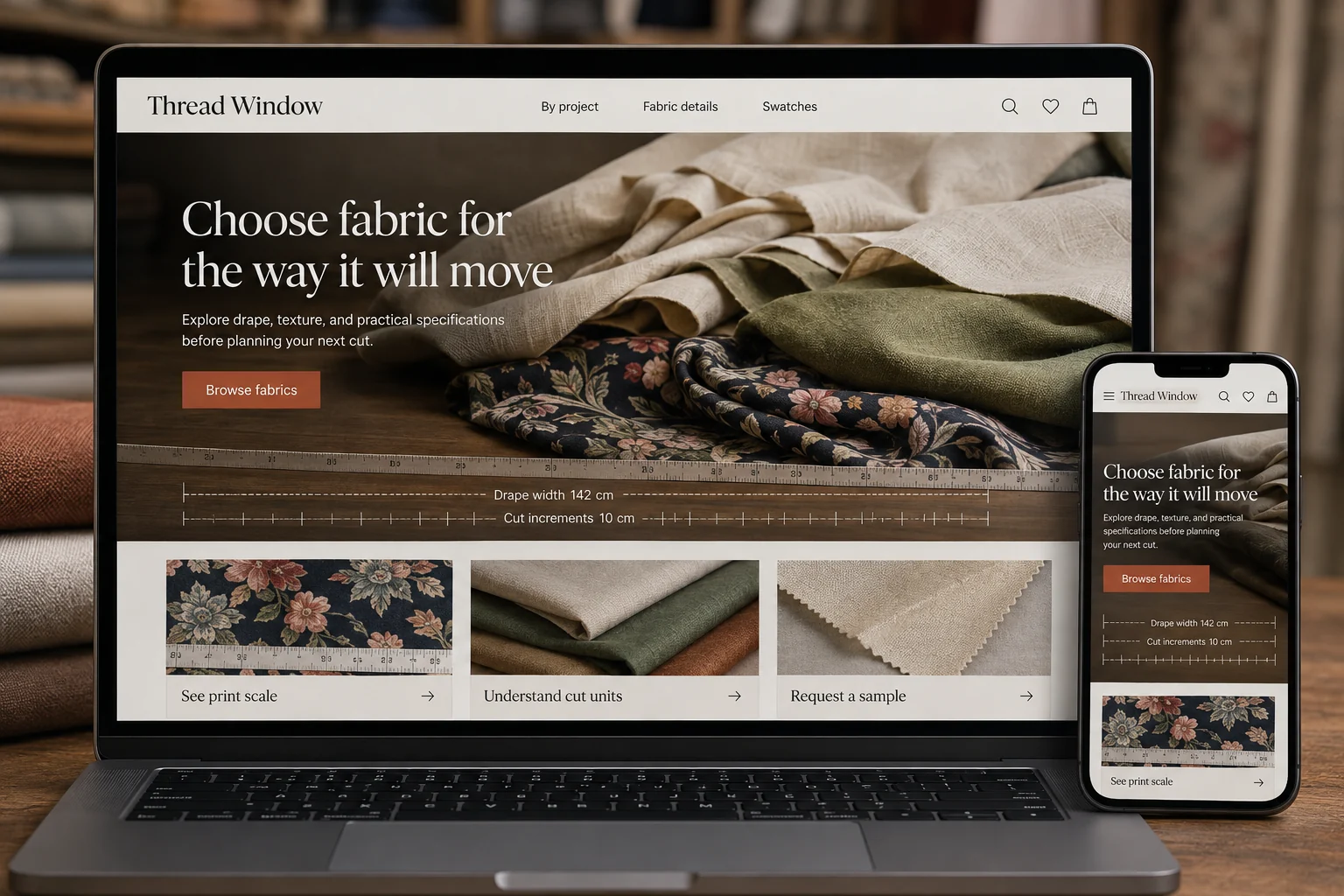 Fabric Stores website concept for Thread Window: Choose fabric for the way it will move