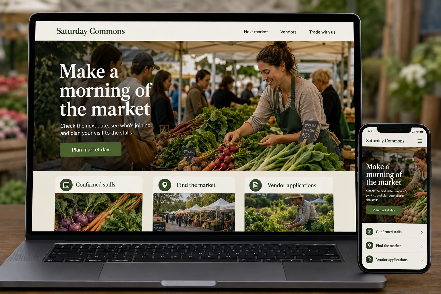 Farmers Market Organizers website concept for Saturday Commons: Make a morning of the market