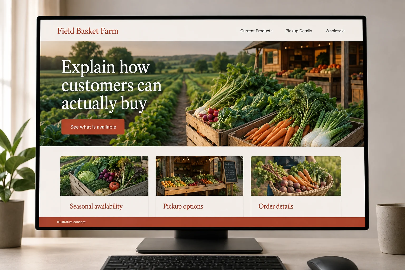 Farms website concept for Field Basket Farm: Explain how customers can actually buy