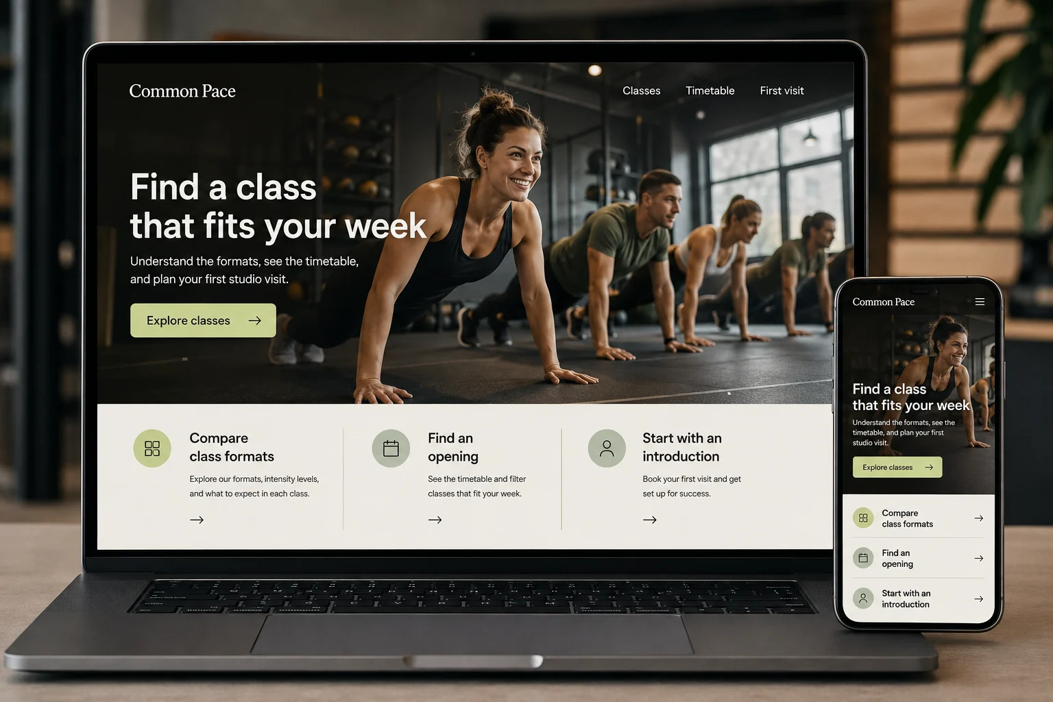 Fitness Studios website concept for Common Pace: Find a class that fits your week