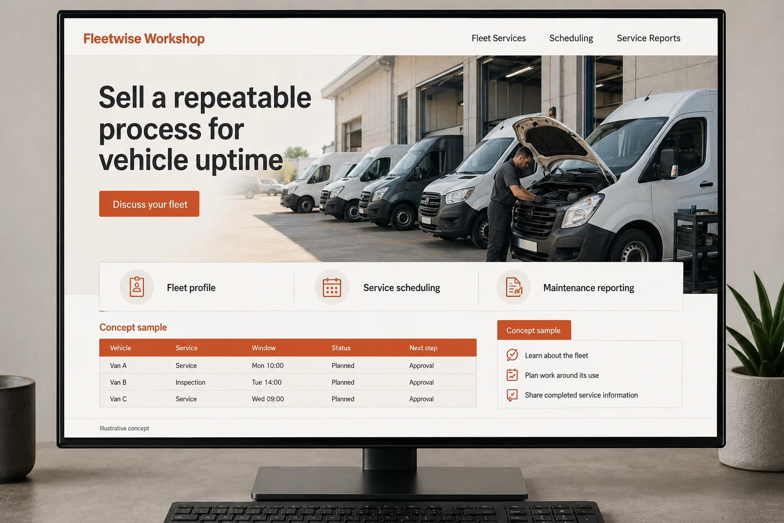 Fleet Maintenance website concept for Fleetwise Workshop: Sell a repeatable process for vehicle uptime