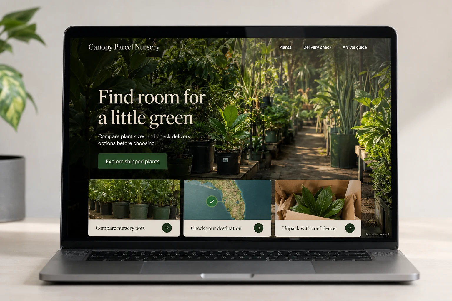 Florida website concept for Canopy Parcel Nursery: Find room for a little green