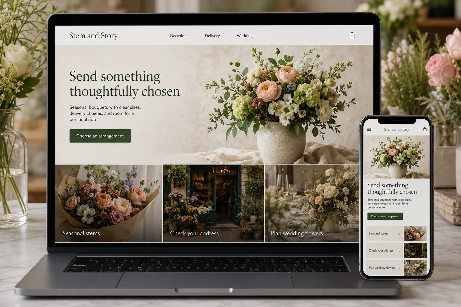 Florists website concept for Stem and Story: Send something thoughtfully chosen