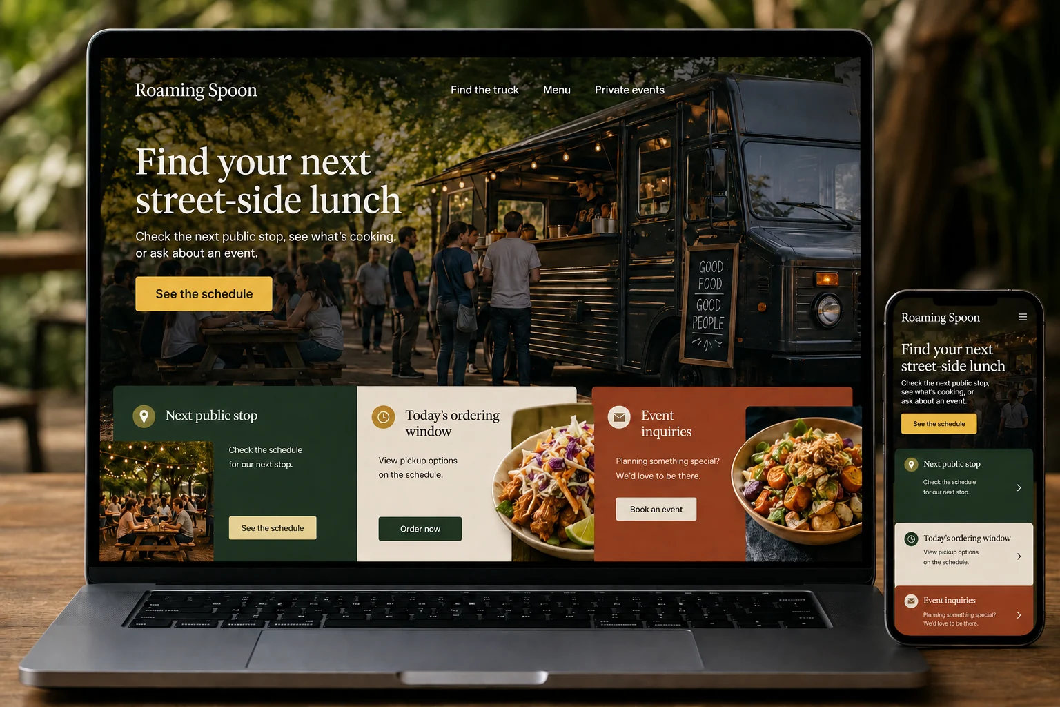 Food Trucks website concept for Roaming Spoon: Find your next street-side lunch